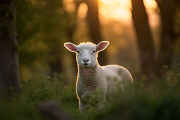 Obraz premium Closeup of a cute lamb standing in a woodland country setting