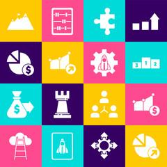 Set Financial growth, Pie chart and dollar, Business podium, Piece of puzzle, Mountains with flag and Startup project concept icon. Vector