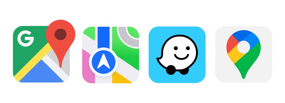 Google maps,Waze maps,Apple maps.Google logo ,Waze logo,Apple logo.