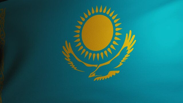 Computer generated flag of Kazakhstan with fabric texture fluttering in the wind