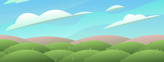 Lands with meadows. Landscape green summer. View of nature relief. Thickets of grass for pastures and farms. Cartoon fun style. Flat design. Vector
