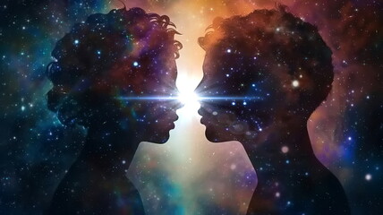 Fototapeta na wymiar man and woman silhouette on front starry sky cosmic nebula universe esoteric background concept