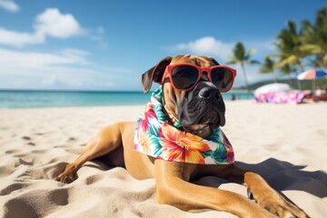 Hawaiian-Shirted Dog with Sunglasses Lounging at Beach