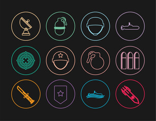 Set line Biohazard rocket, Bullet, Military helmet, Target sport, Radar, Hand grenade and icon. Vector