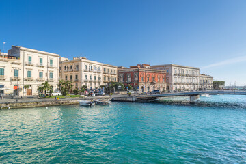The harbour and Ponte Santa Lucia joining Syracuse and Ortigia Island in Sicily
