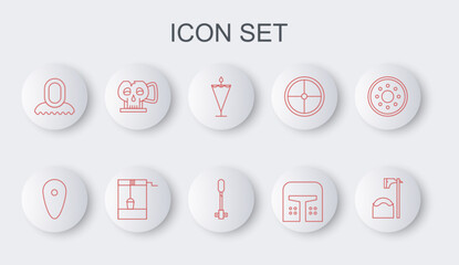 Set line Executioner axe in tree block, Shield, Medieval flag, iron helmet, hood, Cup from the skull, Well with bucket and Torch flame icon. Vector