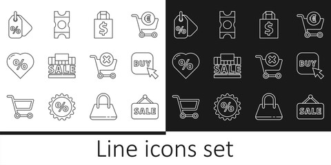 Set line Hanging sign with Sale, Buy button, Shoping bag and dollar, Shopping building sale, Discount percent tag heart, Remove shopping cart and Coupon icon. Vector