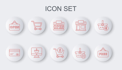 Set line Price tag with text Free, Credit card, Shopping building and open, Remove shopping basket, Hanging sign Open, cart, Monitor and dollar icon. Vector