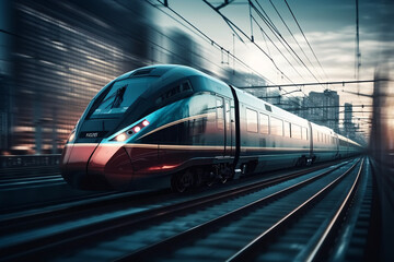 Naklejka premium A futuristic looking train that moves through the urban landscape in elegant shades of blue with a touch of red, Generative AI