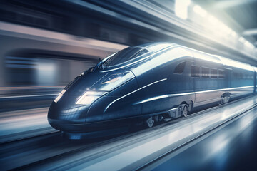 Fototapeta na wymiar A futuristic looking train that moves through the urban landscape in elegant shades of blue with a touch of red, Generative AI