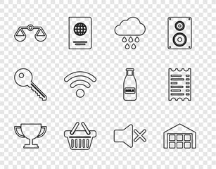 Set line Trophy cup, Warehouse, Cloud with rain, Shopping basket, Scales of justice, Wi-Fi wireless network, Speaker mute and Paper financial check icon. Vector