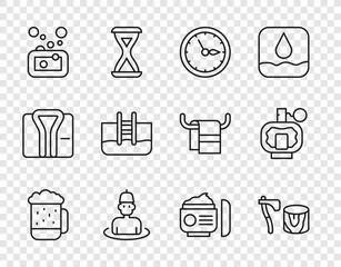 Set line Wooden beer mug, axe in stump, Sauna clock, Man the sauna, Bar of soap, Swimming pool with ladder, Cream or lotion cosmetic tube and Aftershave icon. Vector