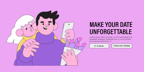 Holiday event planning, event agency service concept. Happy man and woman in love or couple celebrating birthday, anniversary or romantic date with colorful balloons. Date service application.