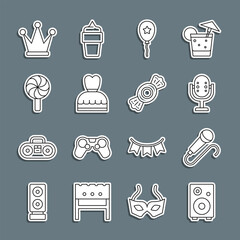 Set line Stereo speaker, Microphone, Balloon with ribbon, Woman dress, Lollipop, Crown and Candy icon. Vector