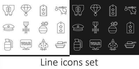 Set line Military tank, rank, reward medal, beret, Binoculars, Hand grenade and Parachute icon. Vector