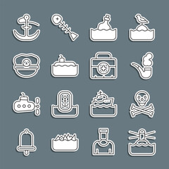 Set line Lighthouse, Skull on crossbones, Smoking pipe, Bottle with message water, Submarine, Captain hat, Anchor and First aid kit icon. Vector
