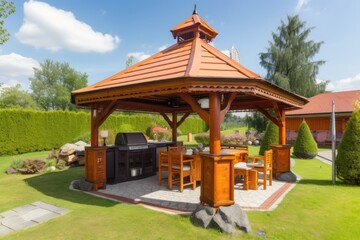 Obraz premium Wooden gazebo with a barbecue area and a dining table in the backyard of the house, landscape design. Generative AI