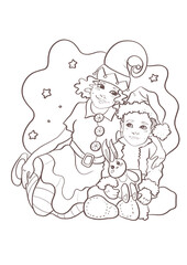 contour line illustration cartoon children's style new year christmas brother and sister hugging cover design element coloring fairy tale print media and postcard