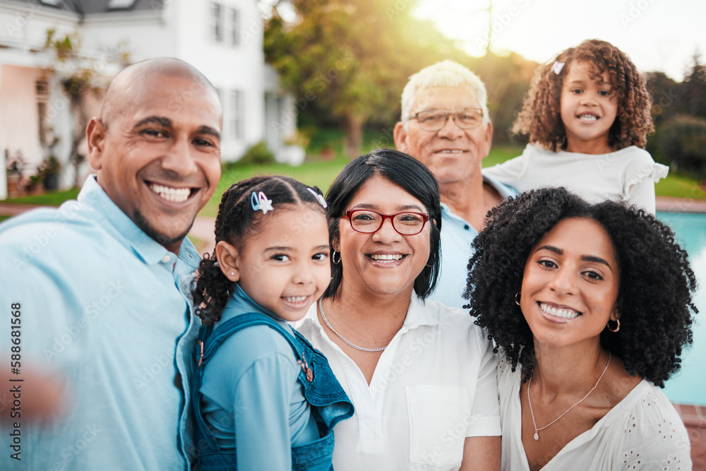 Wall mural Big family, selfie and bonding on vacation, trip or travel break outside of holiday house. Portrait, love and children with parents and grandparents pose, smile and hug for photo or profile picture