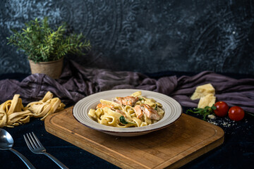 Fresh Italian pasta with salmon