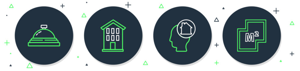 Set line House, Man dreaming about buying house, Hotel service bell and plan icon. Vector