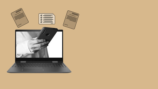 Art collage, electronic signature badge, the hand with the phone on light background with documents to sign.