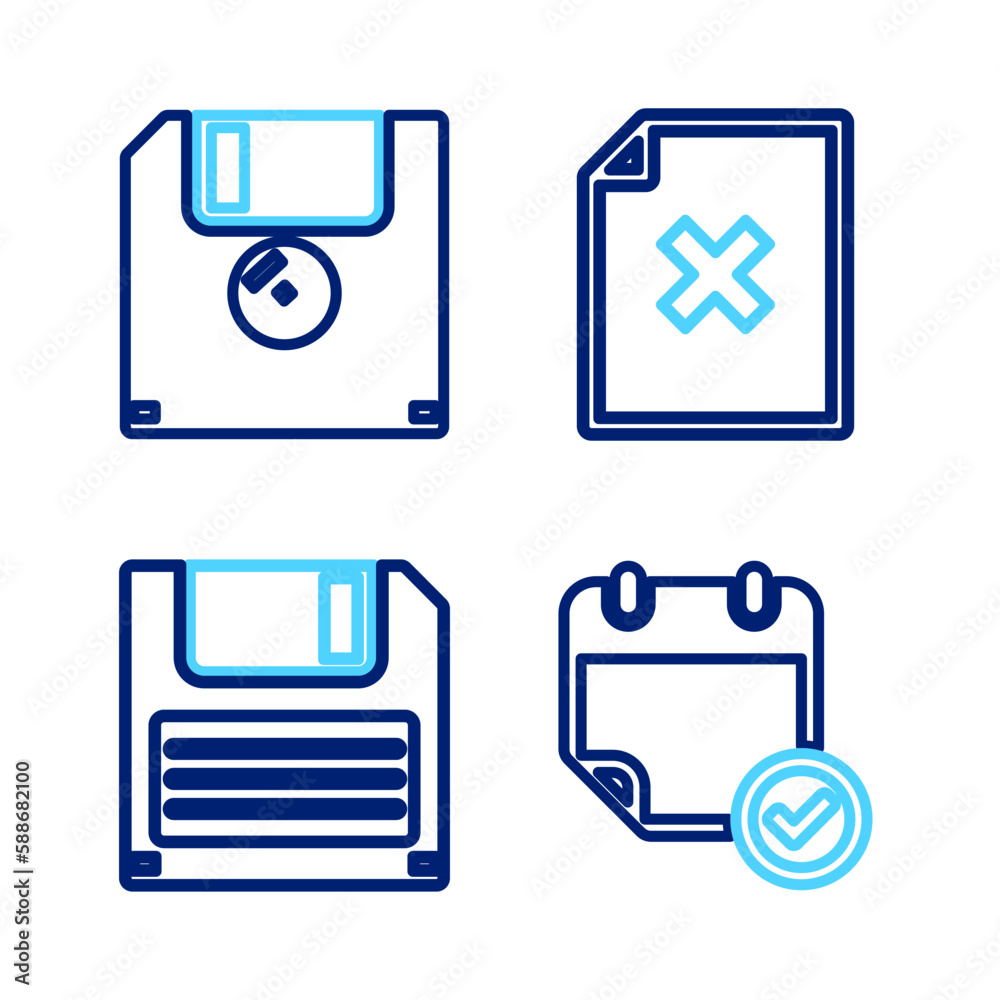 Poster set line calendar with check mark, floppy disk, delete file document and icon. vector