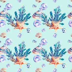 Fototapeta na wymiar Pattern of corals, starfish, shells, bubbles. Watercolor illustration. Inhabitants of the seas and oceans.