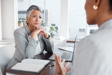 Listening, meeting and business women with advice, support or discussion at financial advisor...