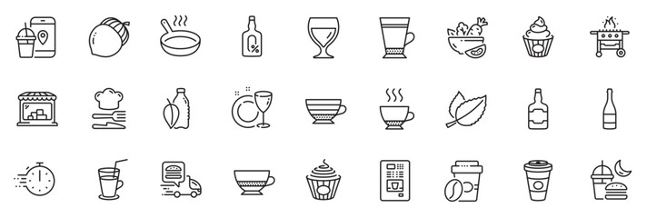 Icons pack as Food app, Acorn and Frying pan line icons for app include Night eat, Whiskey bottle, Latte outline thin icon web set. Bombon coffee, Cake, Food delivery pictogram. Vector
