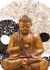 Statue de bouddha en bois doré sur fond yin yang 