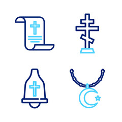 Set line Star and crescent on chain, Church bell, Christian cross and Decree, paper, parchment, scroll icon. Vector