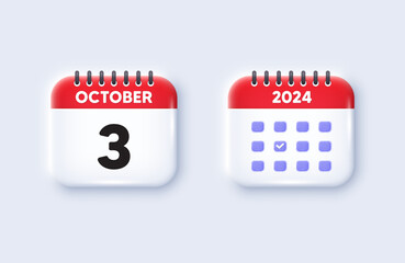 Calendar date 3d icon. 3rd day of the month icon. Event schedule date. Meeting appointment time. 3rd day of October month. Calendar event reminder date. Vector