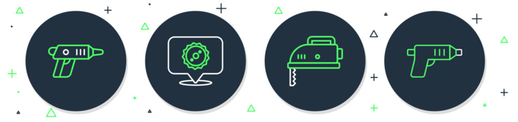 Set line Circular saw blade, Electric jigsaw, cordless screwdriver and icon. Vector
