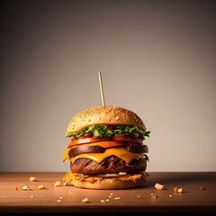 a hamburger sitting on top of a wooden table, luscious patty with sesame seeds cheeseburger