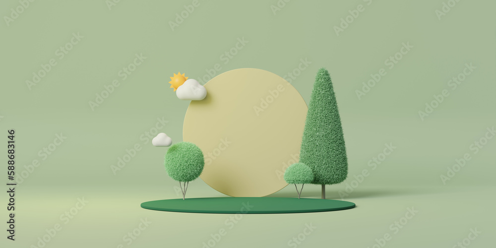 Poster 3d minimal scene background. green podium with trees, sun, cloud and circular frame for product pres