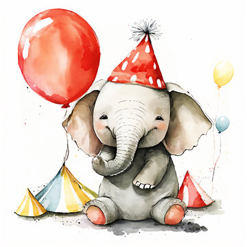 Happy Cute Baby elephant with balloons. Happy Birthday. Holiday concept, watercolor illustration. Generative AI