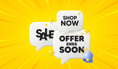 Offer ends soon tag. 3d offer chat speech bubbles. Special offer price sign. Advertising discounts symbol. Offer ends soon speech bubble 3d message. Talk box banner with bell. Vector