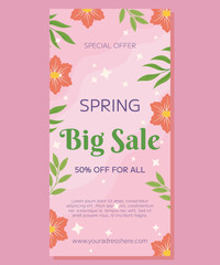 Vertical banner decorated with lovely pink flowers and green leaves on a pink background. The banner reads Special Offer Spring Big Sale. Perfect for advertising your seasonal discounts and promotions