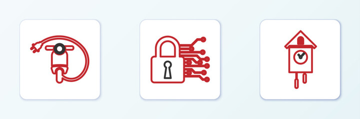 Set line Retro wall watch, Electric scooter and Cyber security icon. Vector