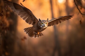 Obraz premium Great Horned Owl in flight with warm summer sunlight