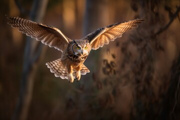 Obraz premium Great Horned Owl in flight with warm summer sunlight