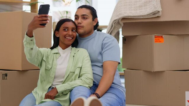 Happy, couple and selfie in new house while moving, smile and excited for dream home. Photo, profile picture and man with woman homeowners sharing real estate success on social media or website