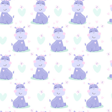 Sealess pattern with cute hippo.  Vector Illustration