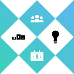 Set Business podium, Briefcase and money, Users group and Light bulb with concept of idea icon. Vector