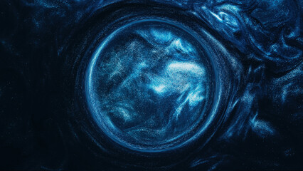 Glitter whirl. Fluid circle. Ink water. Astrology horoscope. Blue color glowing sparkling smoke...
