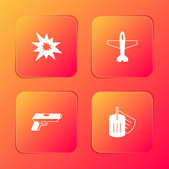 Set Bomb explosion, Plane, Pistol or gun and Military dog tag icon. Vector