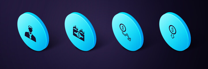 Set Isometric Dollar rate decrease, , Burning dollar bill and Worker icon. Vector