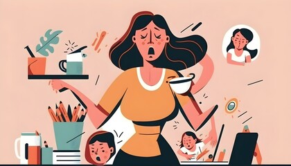 Busy Mom Feeling Overwhelmed with Household Chores. Funny stay-at-home mother multitasking, cartoon illustration