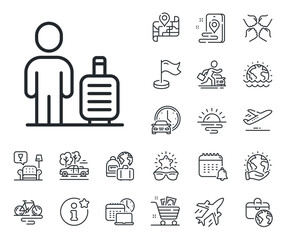 Man with travel luggage sign. Plane jet, travel map and baggage claim outline icons. Baggage line icon. Journey bag claim symbol. Baggage line sign. Car rental, taxi transport icon. Vector